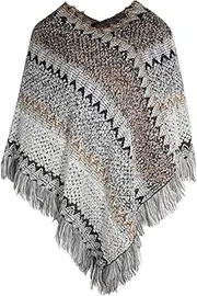 [ZLYC] Women's Vintage Fringe Pullover Shawl Striped Wrap Poncho Cape