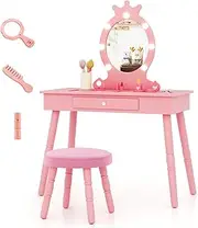 HONEY JOY Kids Vanity Set with LED Lighted Mirror & Stool, Princess Makeup Dressing Table with 3-Color Lights & Adjustable Brightness, Detachable Top & Large Drawer, Wooden Vanity Set for Kids (Pink)