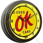16" OK Used Cars Vintage Style Sign Neon Advertising Clock (Yellow)
