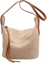 Women Woven Bag Fashion Straw Tote Bag Large Capacity Woven Shoulder Bag Zipper Closure Adjustable Strap for Party