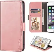 [Shantime] Stylish Leather Wallet Case Compatible with Tecno Pop 6, Magnetic Shockproof Flip Cover with Card Holders, Photo Frame and Kickstand(Rose Gold)