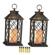 14" Golden Brushed Vintage Style Candle Lantern with 4 Hours Timer Set of 2