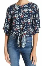Elodie Women's Cropped Tie Front Floral Shirt Blouse XL Blue Multi NWT