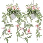 Kepfire 2Packs Faux Hanging Plants Artificial Decor Small Hanging Plant Pot with Artificial Vines and Pink Flower Greenery Decoration Living Room Wall Home Wall Shelf Indoor Outdoor