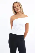 White Asymmetrical Off Shoulder Top - Size 14L, Women's Top