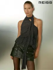Reiss Black Tina One-Shoulder Polka-Dot Georgette Top (AB2367) | $260