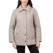 Anne Klein - Women's Jacket - Quilted Side-Slit Midweight Snap-Front Tan Large