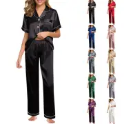 Women Plain Silk Satin Pyjamas Set Short Sleeve Nightwear Set Sleepwear Set