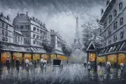 24x36 Paris Street Eiffel Tower Horse Carriage Yellow Light Oil Painting