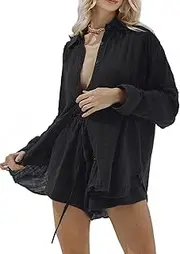 [Fixmatti] 2 Piece Casual Outfits Long Sleeve Button Down Shirt and Shorts Sweatsuit Sets, Black, Medium