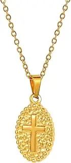 [Jude Jewelers] Stainless Steel Oval Shaped Christian Cross Hammered Finishing Pendant Necklace