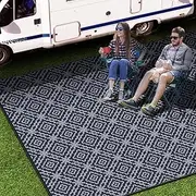 Outdoor Camping Rug Waterproof 9x12FT, Large Reversible Stain&UV Resistant Plastic Straw RV Rug for Outside Patio Pool Deck Beach Indoor, Area Carpet Mat with Portable Bag&4 Stakes-Black Grey Rhombus
