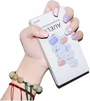 Press nail，Nail set, reusable, short nails, "lavender ribbon pattern", includes prep pad, mini nail file, cuticle stick and 30 fake nails