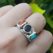 Natural Blue Sapphire | Natural Coral | Natural Turquoise Stone Antique Ring