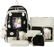 [Generic] Cute Student Backpack Set of 5 Pieces, 17 Inch Beautiful Sports Bag, with Cute Backpack, Shoulder Bag, Pencil Case, Handbag, Small Bag Black