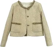 [Generic] Women's Woolen Ladies Suit Coat Classics Exquisite Beading Tweed Elegant Jackets