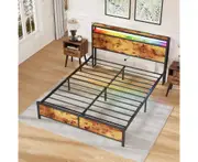 Advwin Bed Frame Queen Size LED Metal Bed Base with Charging Station and USB Ports Storage Wooden Headboard