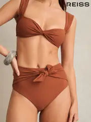 Reiss Brown Hallie High Waist Tie Front Bikini Bottoms (F67631) | $120