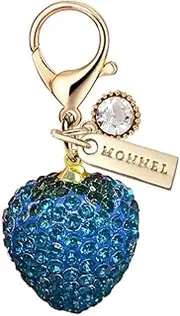 [Monnel] MC501 Little Crystal 3D Strawberry Lobster Clasp Charm for Women with Velvet Bag (Blue,1 Piece), 2.1 cm (L) X 2.1 cm (W) X 2.7 cm (H), Zinc Alloy Metal Rhinestone Crystal Enamel Handmade