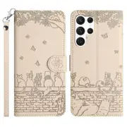 Wall Cats Imprinted Phone Case for Samsung Galaxy S23 Ultra,PU Leather Stand Wallet Cover with Strap