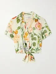 [Cara Cara] Cara Cara - Asbury Cropped Tie-front Floral-print Cotton-poplin Shirt - Cream - small small Cream