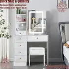 Dressing Table Vanity Desk Stool Set LED Sliding Mirror Makeup Desk 6 Drawers