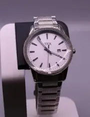 TFX Bulova White Dial Date Indicator Round Silver Tone Case Black Leather Watch