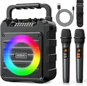 Karaoke Machine - Portable Bluetooth Speaker with 2 Wireless Microphones for Adults & Kids with Lights, PA System Speaker Supports TF Card/USB, AUX in, REC, Bass & Treble for Party/Meeting