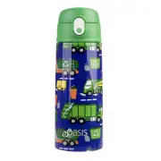 Oasis Stainless Steel Double Wall Insulated Kid's Drink Bottle with Sipper Straw (550ml) - Garbage Trucks