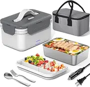 Electric Lunch Box for Car & Home – 100W Fast Heating Food Warmer, 1.8L Stainless Steel Container, 12V/24V/110V/220V, Portable, Better Than 40W Heating Lunchboxes, Removable Compartments (White)