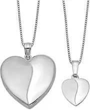 [JewelryWeb] 925 Sterling Silver Satin Back Spring-Ring Holds 2 photos Not engraveable Polished and-Satin Love Heart Locket And Pendant Set 23.8mm Wide-Locket Necklace for Women