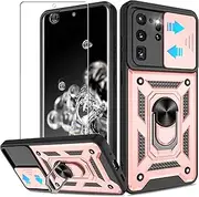 for Samsung Galaxy S20 Ultra Case with HD Screen Protector, Heavy Duty with 360° Rotation Metal Kickstand [Military Grade] Protective Case for Gaxy S20 Ultra 5G, Rose Gold
