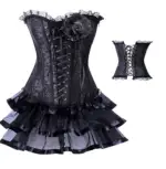 Black Satin Lace-up Corset Outfit & Ribbon Burlesque Skirt