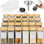 24 Pcs Spice Jars with Label, 4.3OZ Thickened Glass Seasoning Jars with Bamboo Lids, Airtight Sealing Seasoning Bottles with Silicone Funnel for Easy Refilling, Spice Jars with Shaker Lids