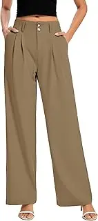 [FUNYYZO] Women Long Dress Pants High Waisted Work Pants Dressy Casual Wide Leg Elastic Waist Trousers, Khaki, Small