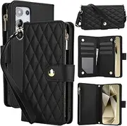 YocoverTech for Samsung S24 Ultra 5G Case,for Galaxy S24 Ultra 5G Flip Case,6 Card Holders +1 Cash Slot Wallet Cover Magnetic Folio Closure Purse with Wristlet Crossbody Lanyard-Black