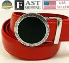 Mens Designer Red Leather Fashion Slide Belt Sliding Automatic Silver Buckle NEW