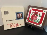 Christmas Cat Trivet 4" Ceramic Tile Wood Frame Wall Hanging, Signed K. Orr