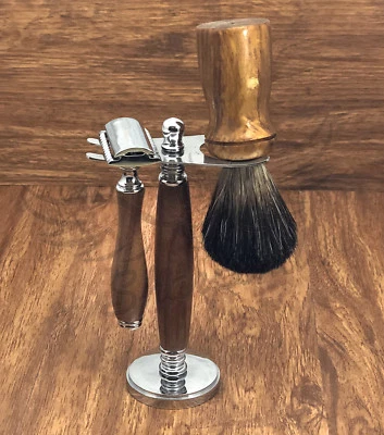 WOOD MENS COMPLETE SHAVING KIT TRAVEL SET 6 PCS DE RAZOR STAND BRUSH BLADES