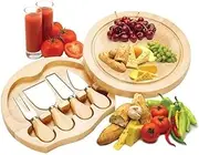 Wood Cheese Board Set - Round Charcuterie Board with 4 Knives and Slide-Out Drawer, Size 8"