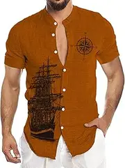 [HanzhuoLG] Men's Retro Compass Sailing Boat Print Short Sleeve Shirt Hawaiian Beach Vacation Shirt Color3 XXL