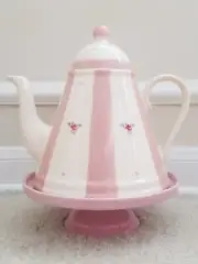 NWT~Farmhouse Decor~Gabriella Miller~Pink Rose Stripe Design~Teapot~Pink Stand