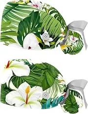 [YTYVAGT] 2-Pc,Nurse Scrub Caps,Scrub Hats with Buttons and Cotton Sweatband,Tropical Leaves and Flowers