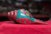 13"Old Tibetan Brass Buddha Turquoise Inlaid Left conch Shell Trumpet Instrument