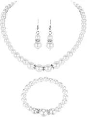 [Minkissy] Bridal Pearl Jewelry Set Pearl Necklace Earring Bracelet for Wedding Events
