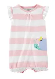 Carters Baby Girls 3 Month Striped Snail Romper Pink White Spring Summer Cotton