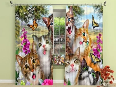 3D Cat Butterfly 2 Blockout Photo Curtain Print Curtains Drapes Fabric Window AU