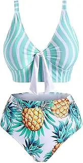 Plus Size 4XL Striped Tropical Pineapple Tied High Rise Tankini Swimwear Push-Up Bikini Sets Swimsuit Summer