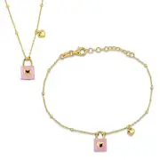 Amour Yellow Silver Ball Bead Chain Lock & Heart Charm Necklace & Bracelet Set