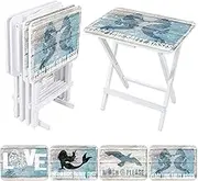 Coastal TV Trays Set of 4 with Stand Beach Decor TV Trays Folding Wooden TV Tray Tables Set TV Dinner Tray Mermaid Coastal TV Trays for Eating Serving Snack Home Activities Supplies(Coastal)